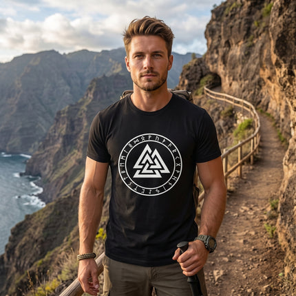 Black graphic tee featuring the Valknut symbol and Elder Futhark rune circle design.