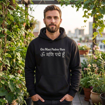 Om Mani Padme Hum mantra hoodie featuring Sanskrit script on a black spiritual pullover.