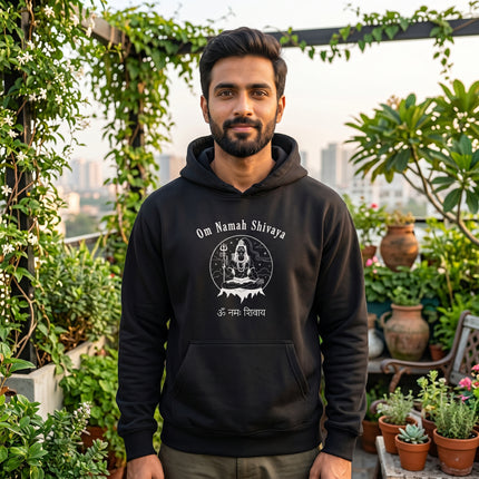 Black Om Namah Shivaya Shiva hoodie featuring Hindu mantra and spiritual design for meditation wear.