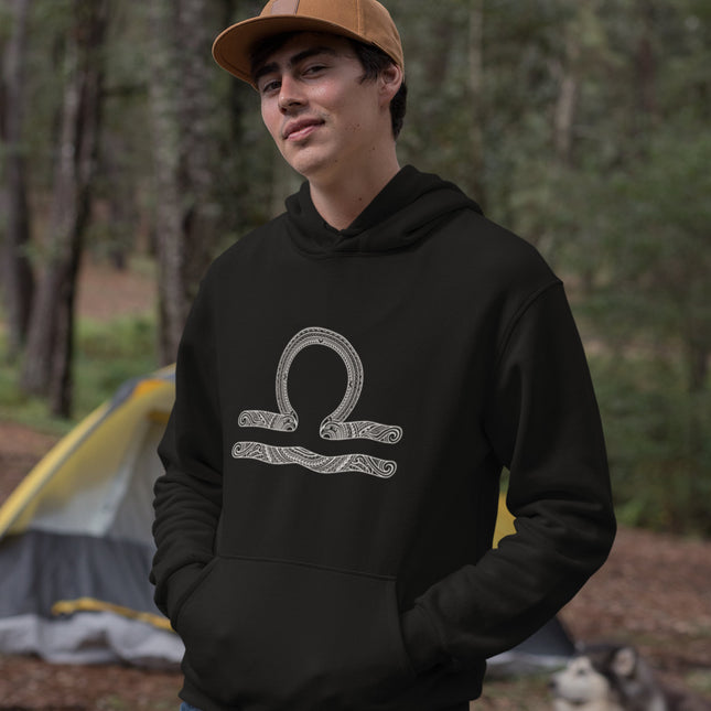 Black hoodie featuring an intricate, detailed Libra zodiac scales symbol.