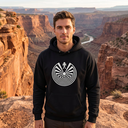 Black hoodie featuring the i'itoi Man in the Maze graphic, Native American cultural symbol.