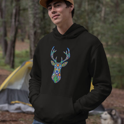 Vibrant Huichol deer folk art pullover hoodie featuring traditional Mexican indigenous design.