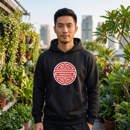 Black pullover hoodie featuring the white Chinese Shou longevity symbol graphic.