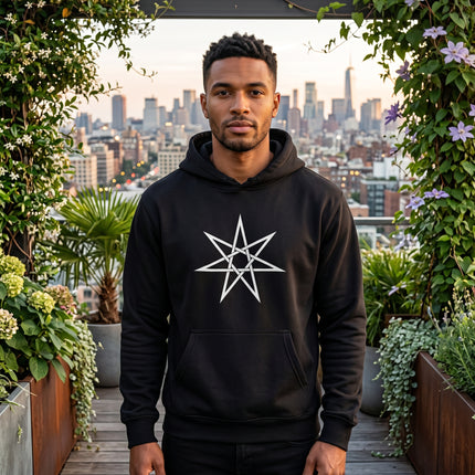 Black pullover hoodie with white seven-pointed star sacred geometry design.