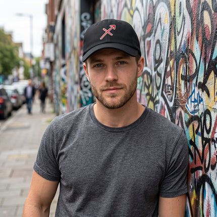Black cap with red embroidered Sagittarius zodiac arrow symbol.