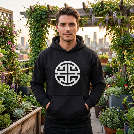 Black hoodie with white Lu symbol graphic for prosperity and good luck.