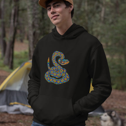 Huichol rattlesnake folk art hoodie featuring vibrant geometric patterns and colorful designs.