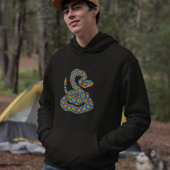 Huichol Rattlesnake Hoodie | Colorful Geometric Folk Art Pullover Hoodie