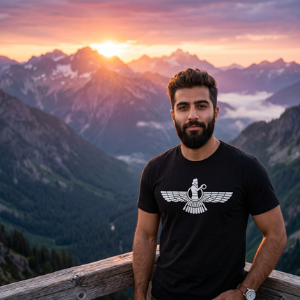 Black t-shirt featuring the Faravahar Zoroastrian winged symbol graphic.