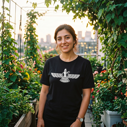 Black graphic tee featuring the Faravahar winged symbol of Zoroastrianism.