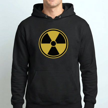 Black hoodie featuring a yellow radioactive hazard symbol graphic.