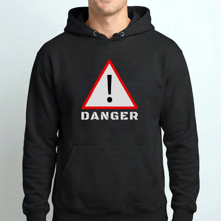 Red warning sign graphic with exclamation mark and "DANGER" text on black hoodie.