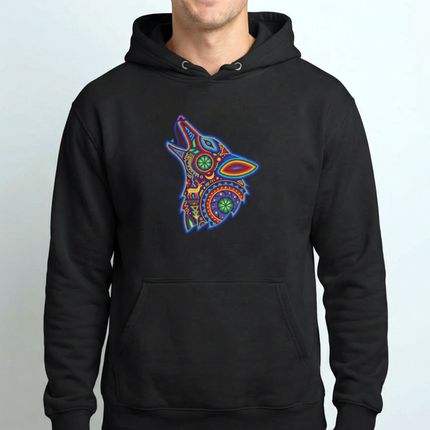Huichol Wolf Hoodie | Vibrant Mexican Folk Art Howling Unisex Pullover Hoodie