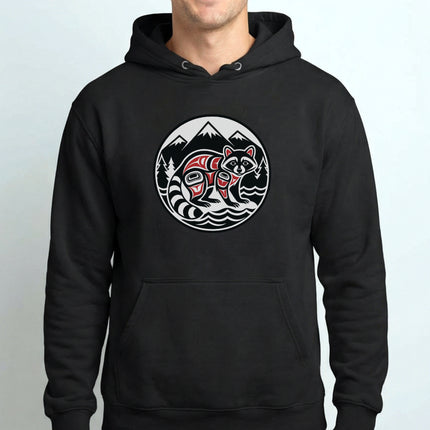 Raccoon Indigenous Art Hoodie | PNW Mountains Forest Wildlife Pullover Hoodie