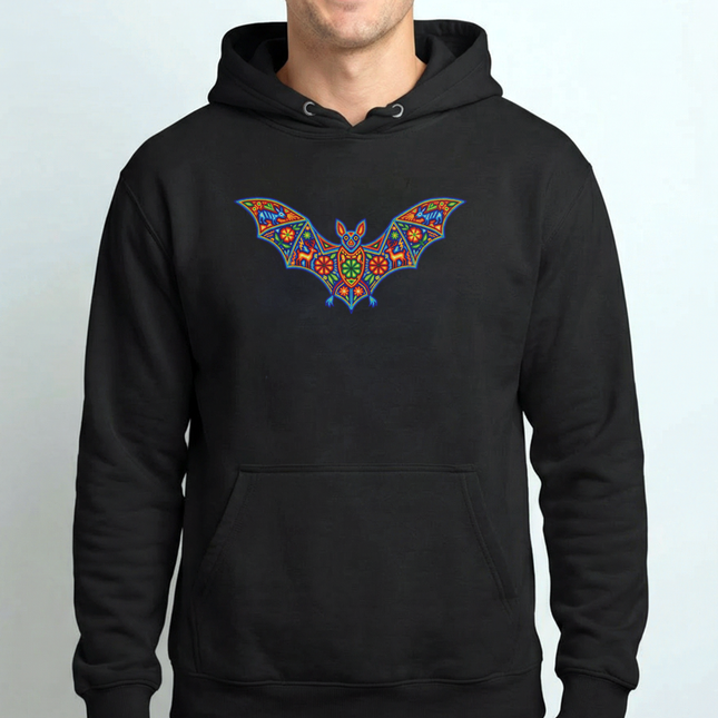 Huichol Bat Hoodie | Colorful Mexican Indigenous Folk Art Pullover Hoodie
