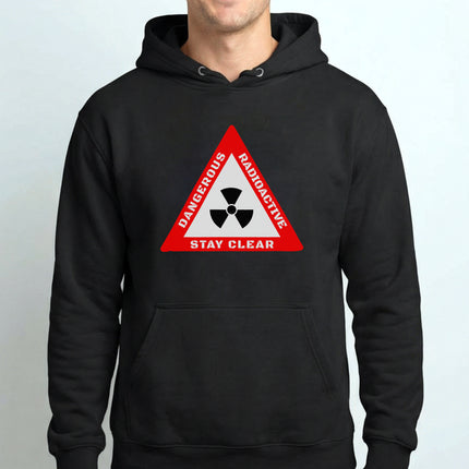 Dangerous radioactive warning triangle graphic on a black streetwear hoodie.