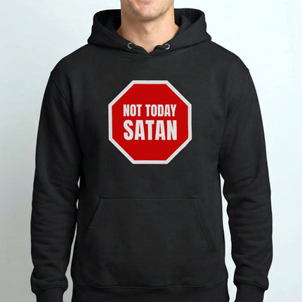 Not Today Satan stop sign graphic on a black pullover hoodie.