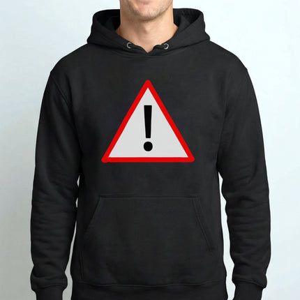 Red warning triangle with exclamation mark on a black graphic hoodie.