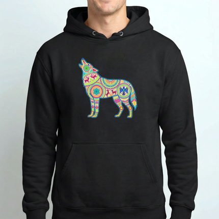 Vibrant Huichol Wolf Graphic Hoodie | Mexican Folk Art Pattern Pullover Hoodie