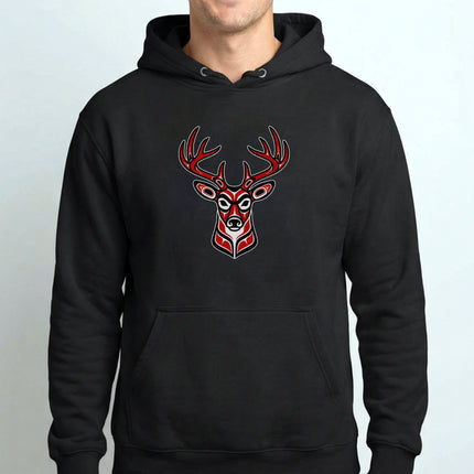 Red Tribal Deer Head Hoodie | Indigenous Art Stag Antlers Pullover Hoodie