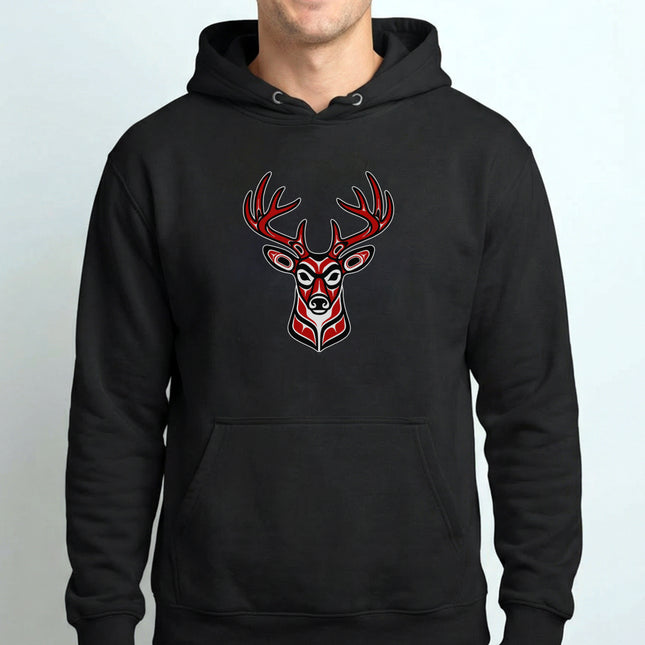 Red Tribal Deer Head Hoodie | Indigenous Art Stag Antlers Pullover Hoodie
