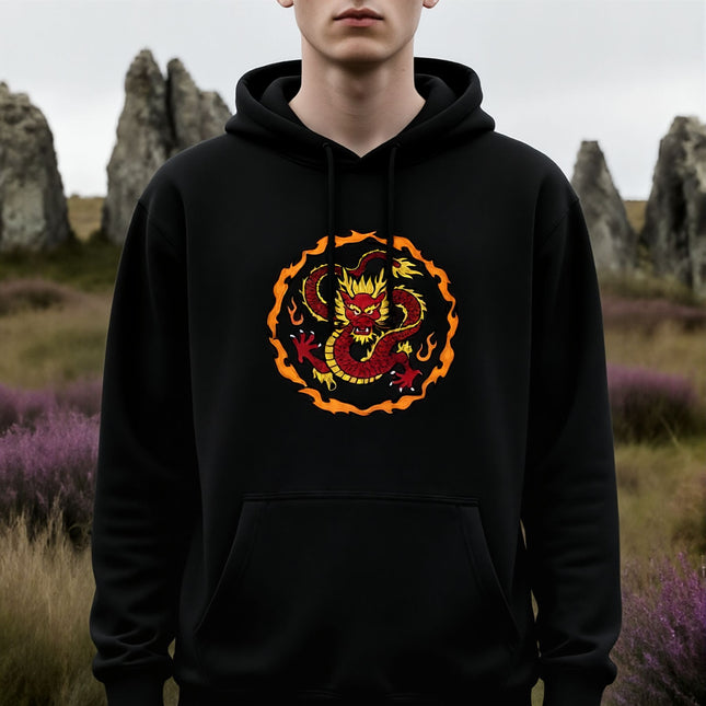 Fiery Chinese Dragon Hoodie | Serpent With Flames Print Unisex Pullover V6