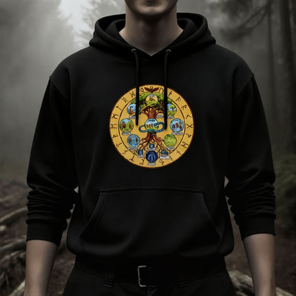 Yggdrasil World Tree graphic hoodie featuring Norse mythology, the Nine Realms, and cosmic runes.