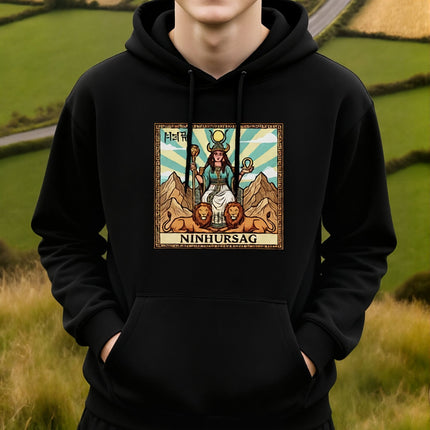 Ninhursag Sumerian goddess graphic hoodie featuring Mesopotamian mythology and lions.