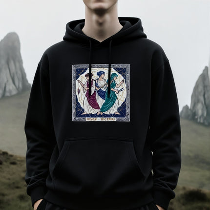 Moirai Fates Greek mythology hoodie graphic of the goddesses of destiny.