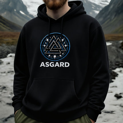 Black Asgard Norse mythology hoodie featuring a circular triangle symbol.