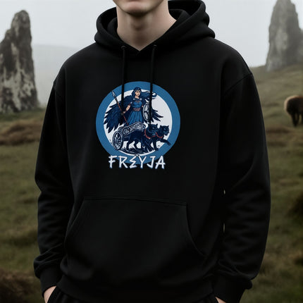 Freyja Norse Goddess graphic on a black hoodie, featuring a cat-drawn chariot.