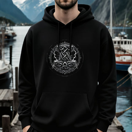 Norse knotwork graphic featuring the Mjolnir symbol on a black hoodie.