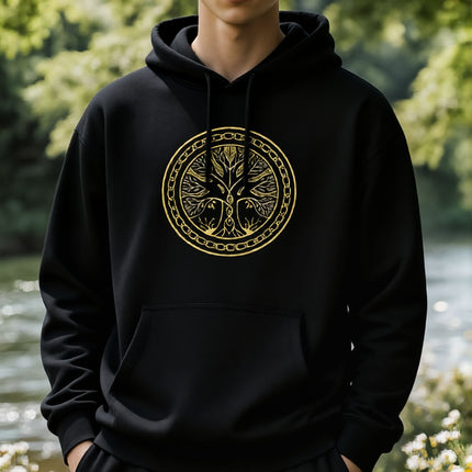 Golden Yggdrasil World Tree graphic on black Norse mythology hoodie.