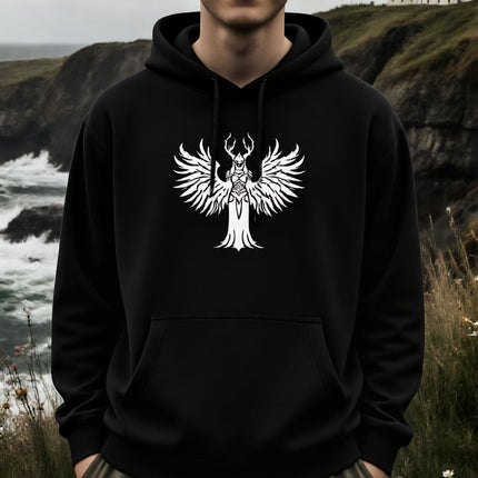 Valkyrie warrior graphic featuring stylized wings and Norse mythological design.