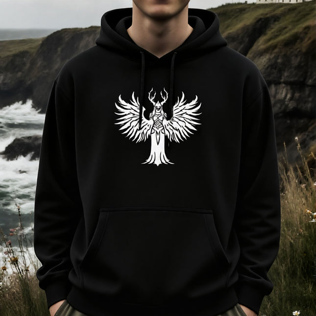 Valkyrie warrior graphic featuring stylized wings and Norse mythological design.