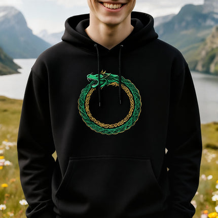 Norse Ouroboros dragon knotwork hoodie featuring a green and gold serpent symbol.