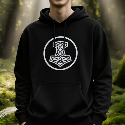 Norse knotwork Mjolnir graphic on black hoodie. Viking Thor symbol apparel.