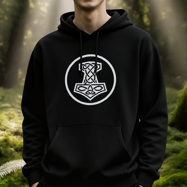 Norse knotwork Mjolnir graphic on black hoodie. Viking Thor symbol apparel.