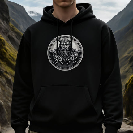 Norse Odin raven emblem graphic print on a black Viking mythology hoodie.