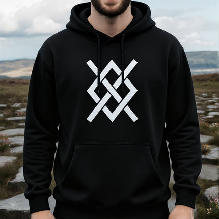 Odin's Gungnir knotwork symbol on a black Norse mythology hoodie.