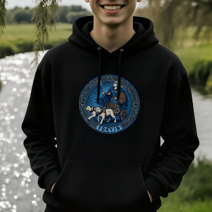 Freyja Norse Goddess chariot graphic on a black pullover hoodie.