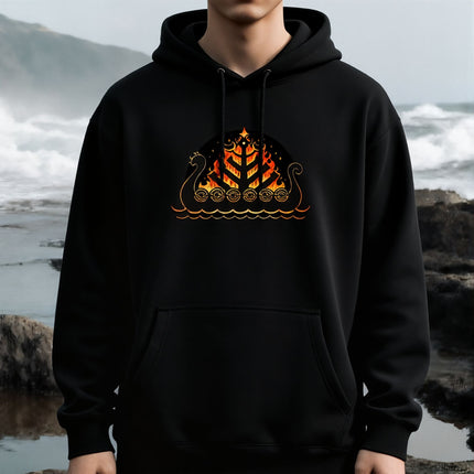 Burning Viking longship graphic design, Norse mythology style, featuring a fiery longship print.