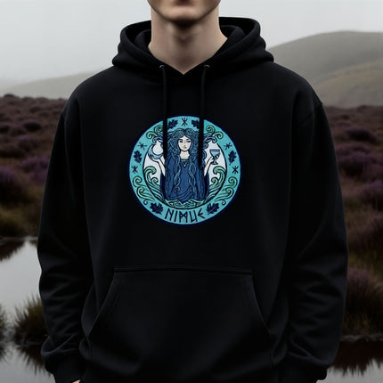 Nimue Lady of the Lake water spirit graphic on a black Arthurian mythology hoodie.