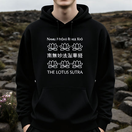 Namu Myoho Renge Kyo lotus sutra hoodie featuring Buddhist mantra, Japanese characters, and sacred lotus graphics.