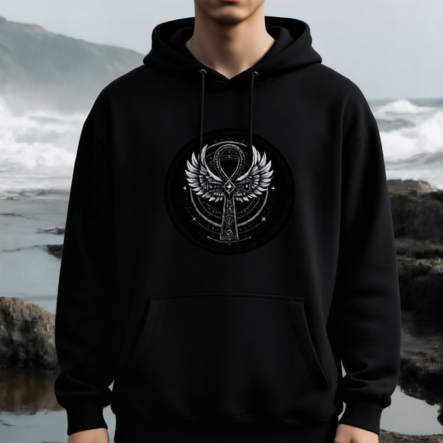 Winged Ankh Hoodie | Ancient Egyptian Sacred Symbol Unisex Pullover V5