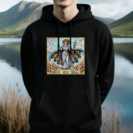 Eris Goddess of Discord Greek mythology art graphic on black pullover hoodie.