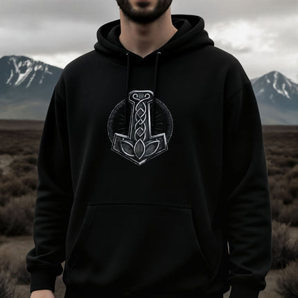 Norse Mjolnir graphic hoodie featuring Viking knotwork and Thor's hammer symbol.