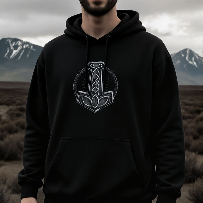 Norse Mjolnir graphic hoodie featuring Viking knotwork and Thor's hammer symbol.
