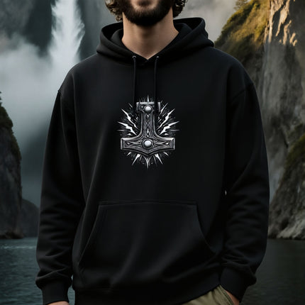 Norse Mjolnir hammer and lightning symbol graphic on a black hoodie.