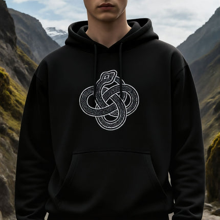 Black hoodie featuring a white knotwork Ouroboros serpent design. Norse mythology and Viking symbol apparel.